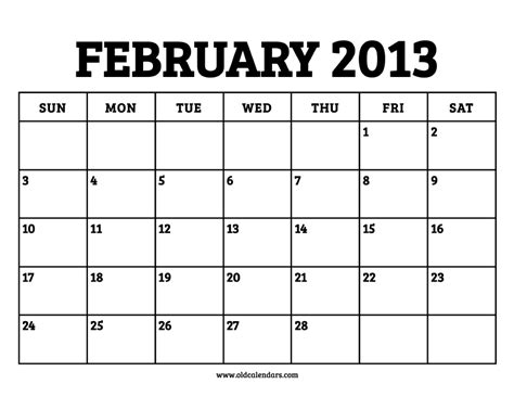 Calendar For Feb 2013 Printable